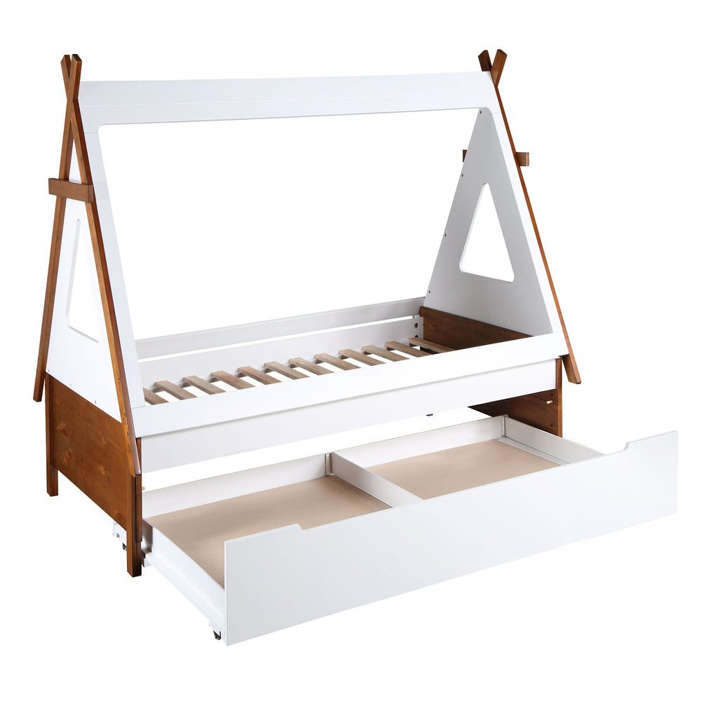 English Elm Oak Twin Tent Bed Frame in Oak & White with 14-Slat No-Box-Spring Support, Easy Assembly, Cozy Design B062S00493