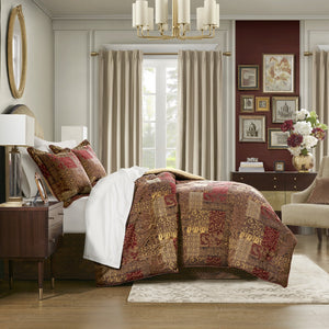 English Elm 4 Piece Brown Comforter Set - Elegant Jacquard Patchwork Design For Cozy Queen Bedroom Decor B035128749