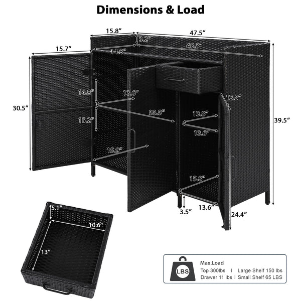 English Elm K&k Outdoor Wicker Bar Cabinet with Tempered Glass Top Adjustable Shelving and Drawer Black Brown N707P233745B