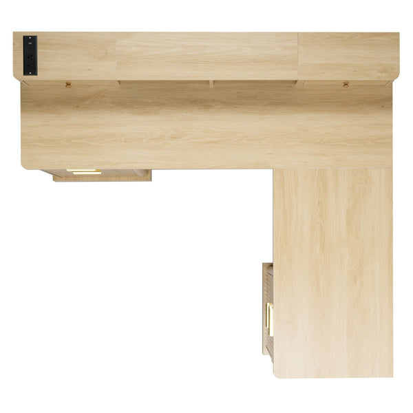 English Elm 59" Fluted Oak L-shaped Corner Desk with Charging Station Monitor Stand and File Storage Light Oak W2917S00005