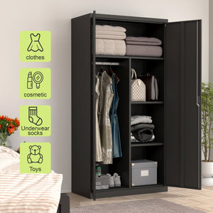 English Elm Black Steel Lockable Wardrobe with Hanging Rod Adjustable Shelves for Organized Storage Black W1247P372607
