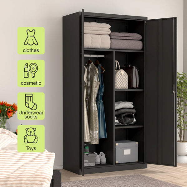 English Elm Black Steel Lockable Wardrobe with Hanging Rod Adjustable Shelves for Organized Storage Black W1247P372607