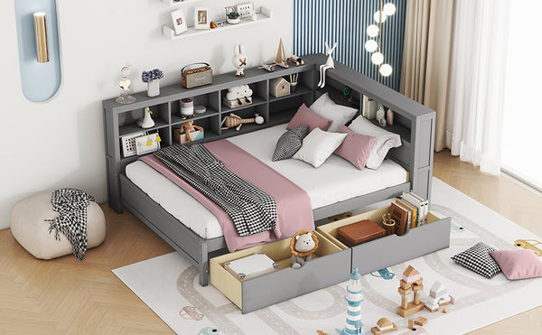 English Elm Wooden Full Size Daybed with 2 Storage Drawers Built-in Usb Charging Modern Frame N733S170505E