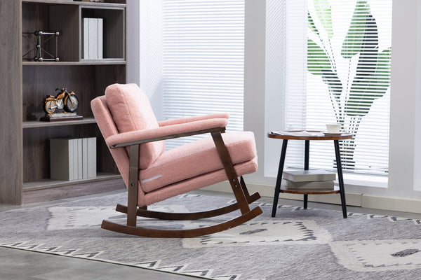 English Elm Mid Century Modern Rocking Chair Solid Wood Frame Upholstered Seat with Lumbar Cushion Light Pink W2530P419008