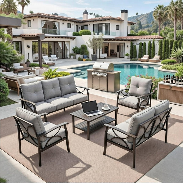 English Elm 5-piece Outdoor Conversation Set Steel Frame Patio Sofa Loveseat Chairs Table Gray B082S00126