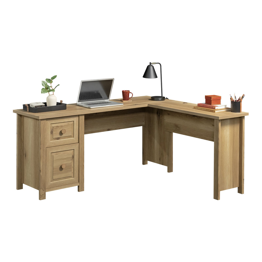 English Elm L-Shaped Desk In Warm Brown Finish - Spacious Workspace With Smart Storage & Cable Management Solutions B356P354482