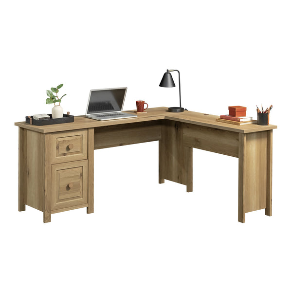 English Elm L-Shaped Desk In Warm Brown Finish - Spacious Workspace With Smart Storage & Cable Management Solutions B356P354482