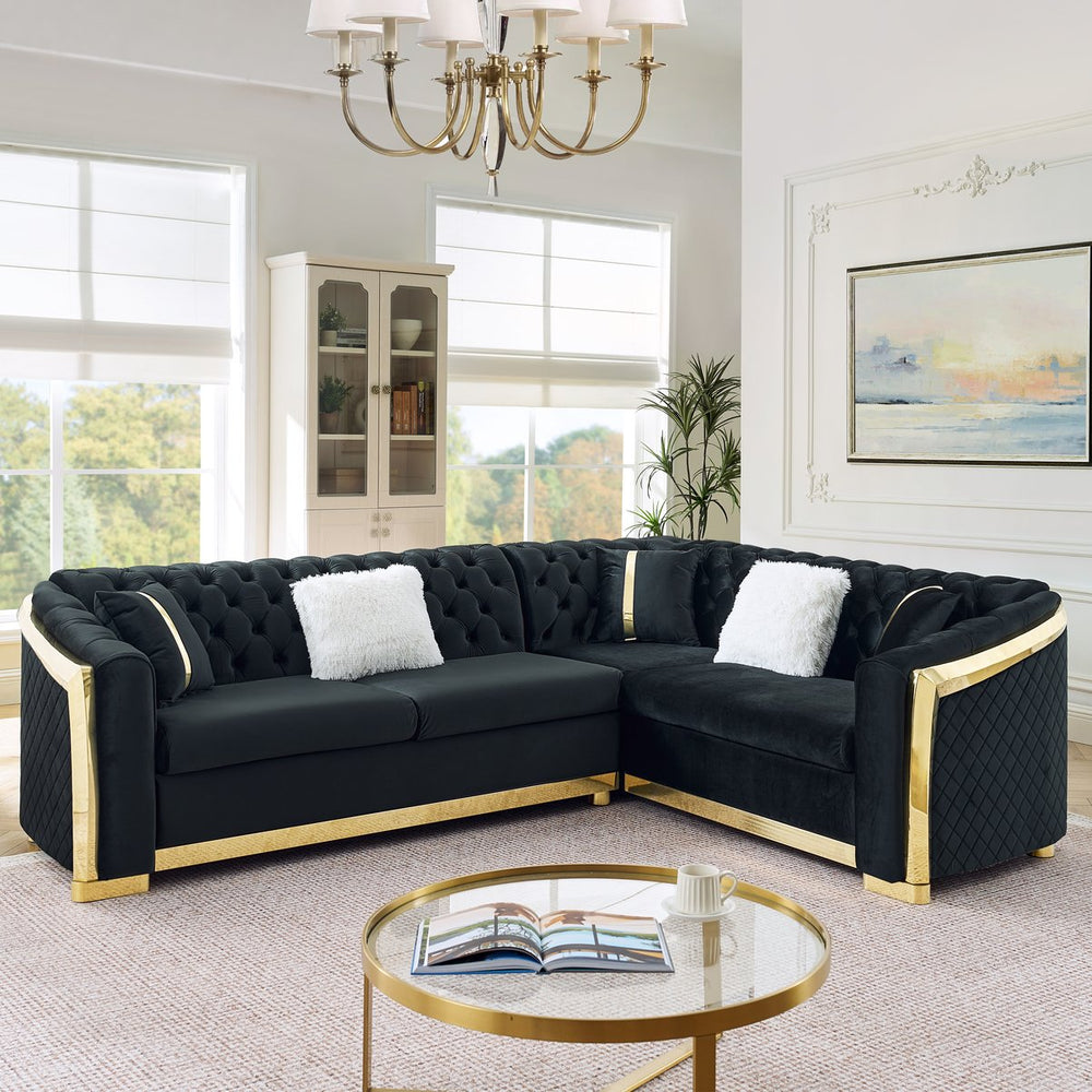 English Elm 106 Inch Velvet Tufted Chesterfield Sectional with Gold Steel Legs for Large Living Rooms Black W1191S00046