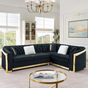 English Elm 106 Inch Velvet Tufted Chesterfield Sectional with Gold Steel Legs for Large Living Rooms Black W1191S00046