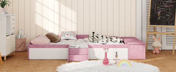 English Elm Queen Velvet Daybed with Built-in Stairs Gas Lift Storage and Padded Safety Rails Pink+White SF000203AAH