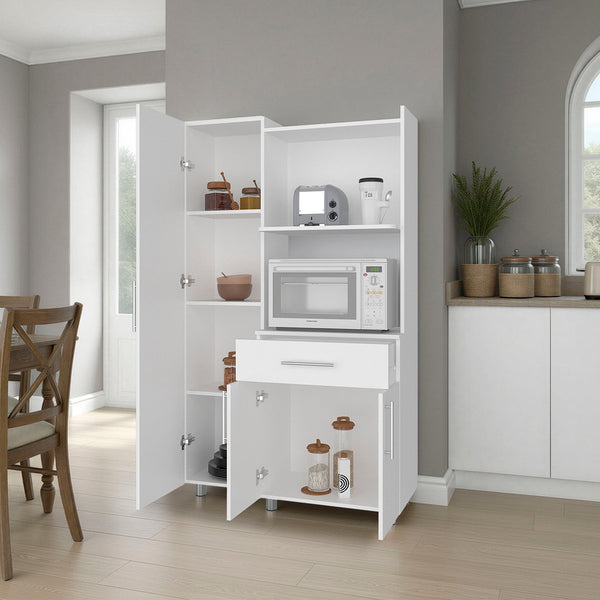 English Elm White Tall Pantry Cabinet with Microwave Shelf Deep Drawer and Open Compartments B062S01858