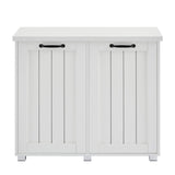 English Elm Two-Compartment Tilt-Out Trash Cabinet, Pet Proof Kitchen Trash Cabinet With Cutting Board, Free Standing Laundry Sorter Cabinet, Laundry Hamper, White