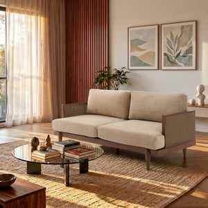 English Elm Emir Three Seat Boucle Sofa with Handwoven Cane Arms and Walnut Tapered Legs Camel N773P285909C