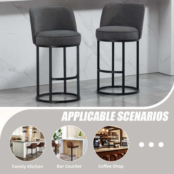 English Elm Counter Height Barstools Set of 2 Linen Upholstered Barrel Seat with Iron Legs Gray W395P410436