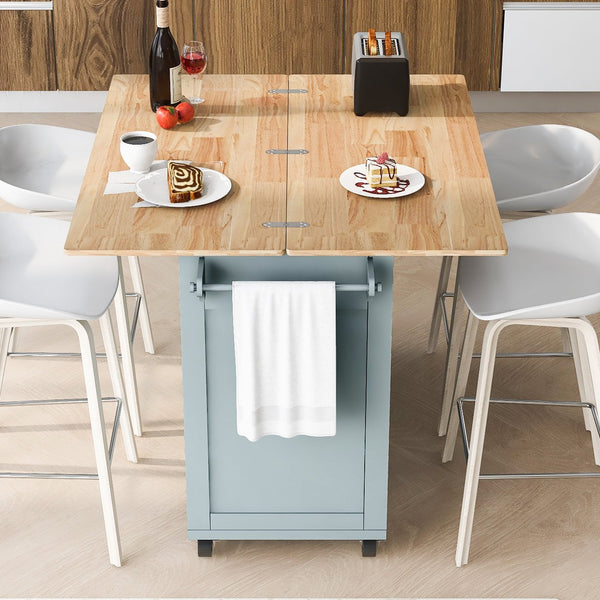English Elm K&K Kitchen Island with Foldable Countertop, Spacious Mobile Storage Cart, Soft-Close Doors, Durable Rubberwood Top and Locking Wheels Grey-Blue N707P173036G