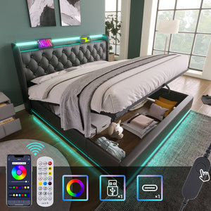 English Elm King Upholstered Bed with Surround LED, App/Remote Control, Hydraulic Storage, USB Type-C Charging Black N736P188808B