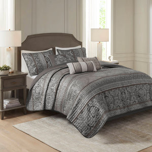 JLA Home Madison Park - 6 Jacquard Quilt Set with Reversible Luxury Weave, Hotel-Quality Stitching and Embellished Throw Pillows Grey MP13-8780