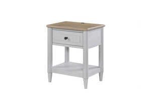 English Elm Small Teen Nightstand Cement & Sand Finish White Solid Wood Drawer USB Charging Open Shelf Modern Design — Compact Storage for Teens B2699P386482