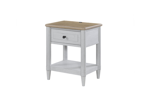 English Elm Small Teen Nightstand Cement & Sand Finish White Solid Wood Drawer USB Charging Open Shelf Modern Design — Compact Storage for Teens B2699P386482