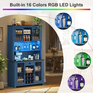 English Elm 70.9" Farmhouse Hutch Pantry with Led Lighting Wine Rack Mesh Doors and Built-in Power Navy Blue CH361426AAL