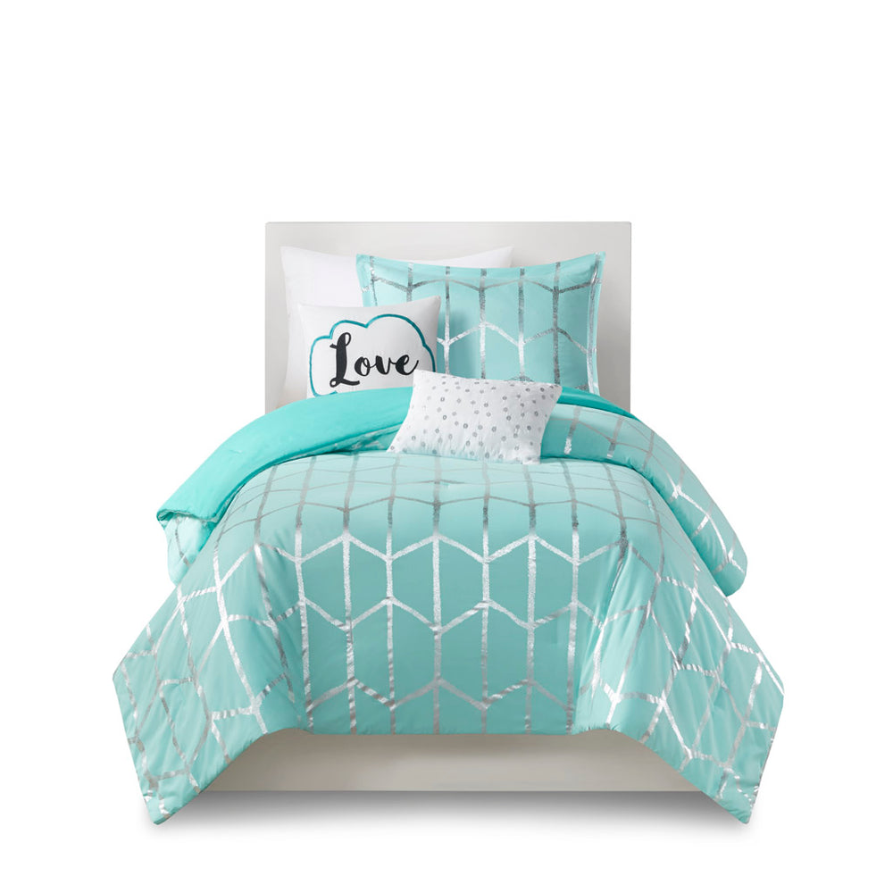 JLA Home Intelligent Design - Metallic ultra-soft microfiber comforter set with geometric metallic print, antimicrobial protection, hotel-inspired style Aqua/Silver ID10-1240