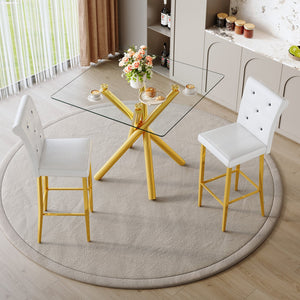 English Elm Modern Glass Top Pub Set with Gold Chrome Base and White Leather Stools for Home Bar W3875S00038