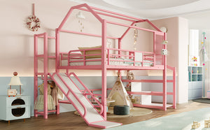 English Elm Full Full House Loft bed with Slide and Stairs, Metal House Play Loft with Storage Shelves and Quiet Design Pink W1580S00351