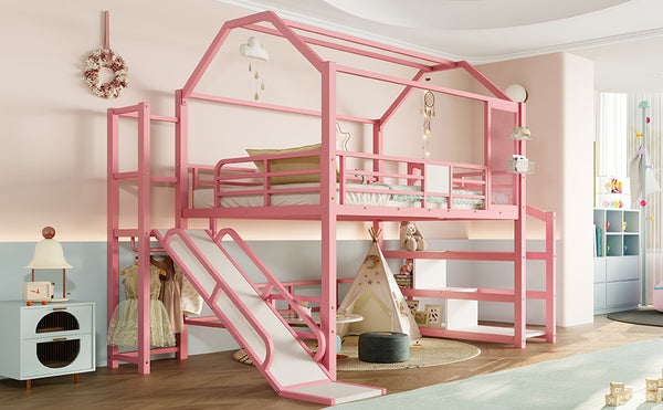 English Elm Full Full House Loft bed with Slide and Stairs, Metal House Play Loft with Storage Shelves and Quiet Design Pink W1580S00351
