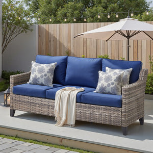 English Elm 73.2" Outdoor Handwoven Rattan 3 Seat Sofa with Olefin Cushions for Porch or Patio Blue T3773P416338