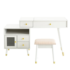 English Elm 3-in-1 Vanity Desk with LED Flip Mirror, Compact Makeup/Dressing Table with Storage Drawers & Stool White N844P291656A