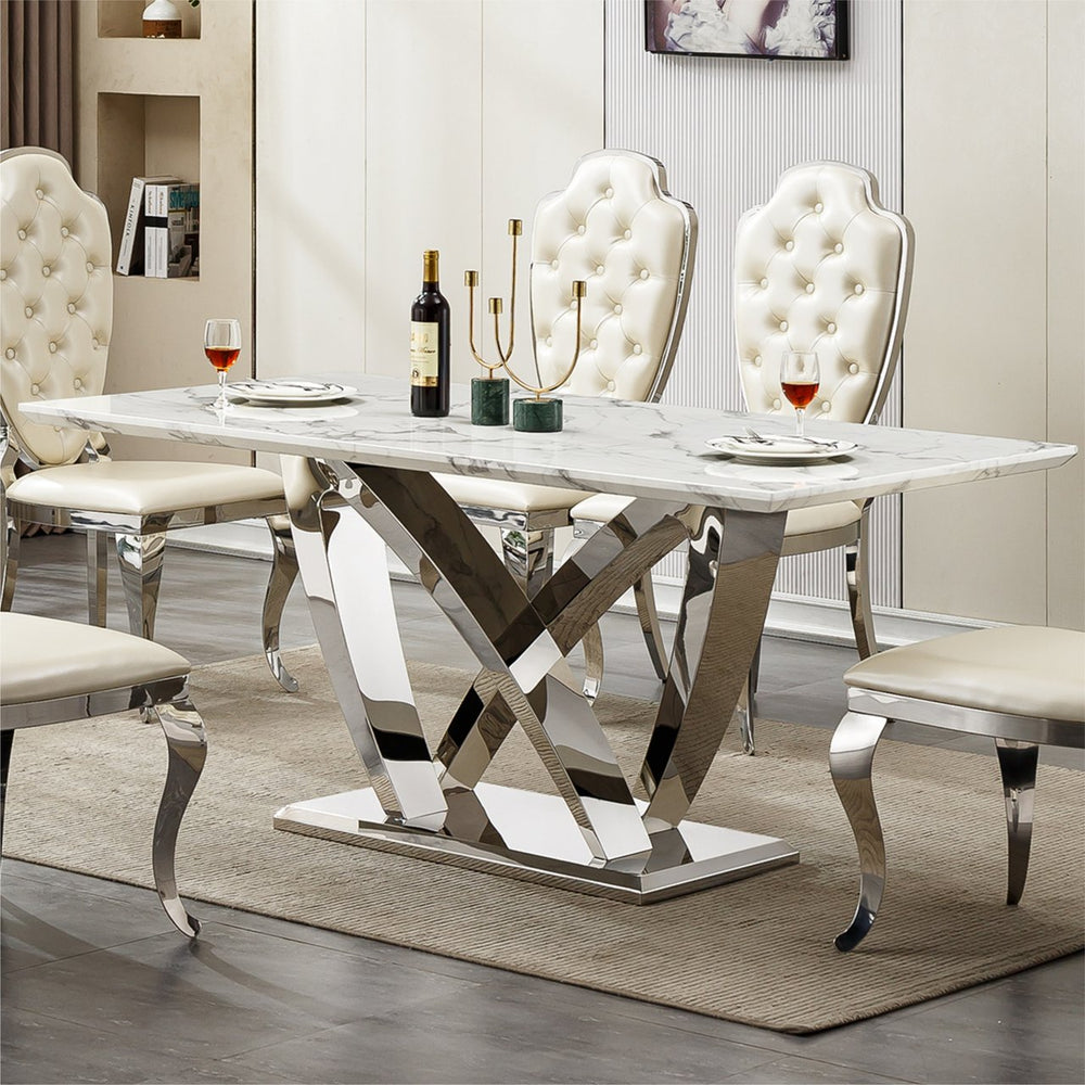 English Elm Marble Dining Table For 6-8 People, Modern Rectangle Faux Marble Top With Stylish Stainless Steel Base W3456S00050