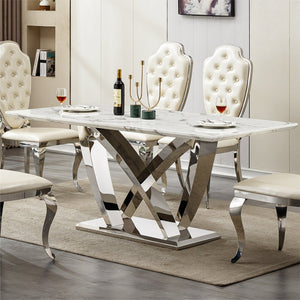 English Elm Marble Dining Table For 6-8 People, Modern Rectangle Faux Marble Top With Stylish Stainless Steel Base W3456S00050