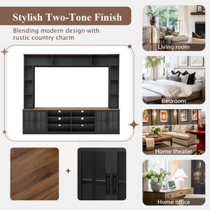 English Elm 95.5" Modern Farmhouse Wall Unit Mdf Bookshelf with Tempered Glass Cabinet Doors Black SJ000161AAB