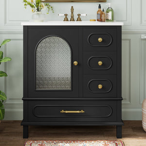 English Elm 30" Freestanding Bathroom Vanity Solid Wood Cabinet Ceramic Basin 3 Drawer Storage Black W1580P382511