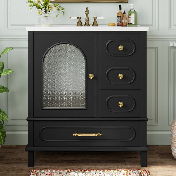 English Elm 30" Freestanding Bathroom Vanity Solid Wood Cabinet Ceramic Basin 3 Drawer Storage Black W1580P382511
