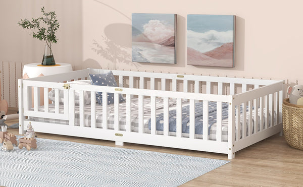 English Elm Twin Cozy Floor Bed With Protective Fence & Door, Eco-Friendly Rubberwood For Safe Sleep Spaces W504P286373-GIGA