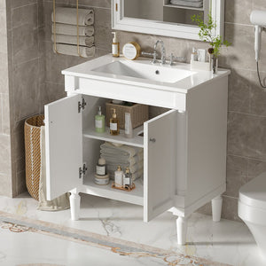English Elm 30" French Style Bathroom Vanity with Ceramic Basin Soft Close Doors Wood Legs White N710P415327K