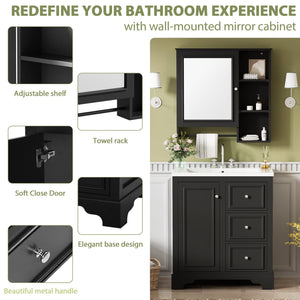 English Elm 30-inch bathroom vanity mirror cabinet set with ceramic sink, solid wood build, 3 drawers & shelves Black SV000028AAB