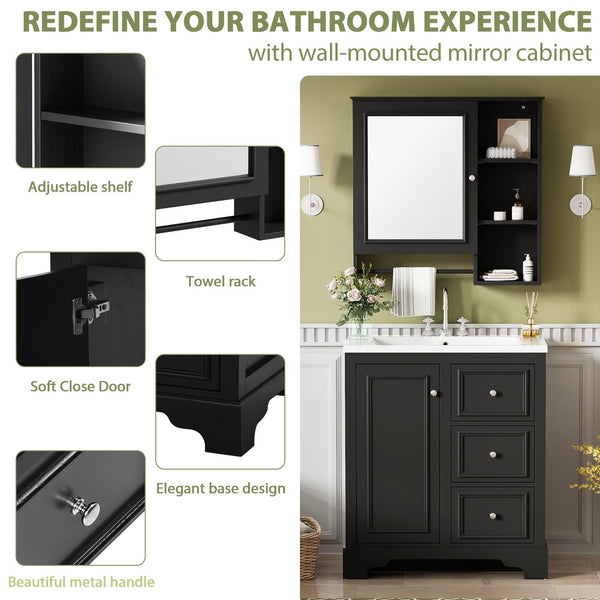 English Elm 30-inch bathroom vanity mirror cabinet set with ceramic sink, solid wood build, 3 drawers & shelves Black SV000028AAB