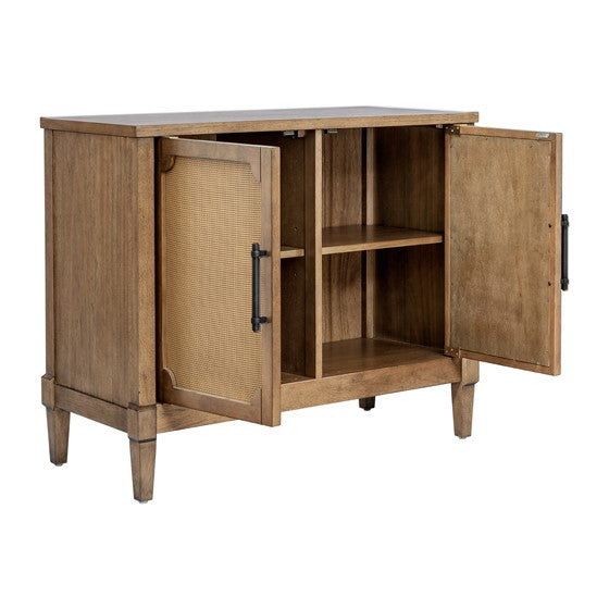 English Elm Woven Cane Accent Cabinet Toasted Almond Finish, Solid Wood Legs, Mid-Century Storage Console B035P256568