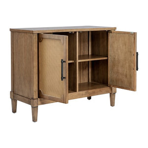 English Elm Woven Cane Accent Cabinet Toasted Almond Finish, Solid Wood Legs, Mid-Century Storage Console B035P256568