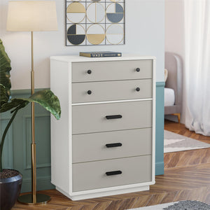 English Elm 5-drawer Tall Dresser with Matte Black Handles Two-toned Finish for Urban Bedroom B2733P444489