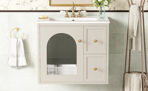 English Elm 24" Modern Wall-Mount Bathroom Vanity with Ceramic Sink, Glass Door Cabinet, 2 Drawers, Soft-Close Beige N710P286704Y