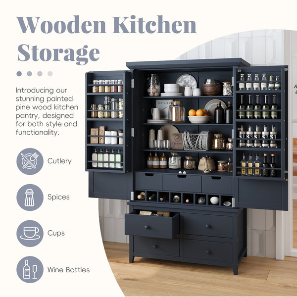 English Elm Topmax Freestanding Pine Wood Kitchen Pantry Cabinet with Wine Rack Gray SP000070AAE