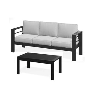 English Elm 2 Piece Outdoor Iron Patio Sofa Set with Thick Cushions and Wood Grain Coffee Table Black+ Gray B082P455117
