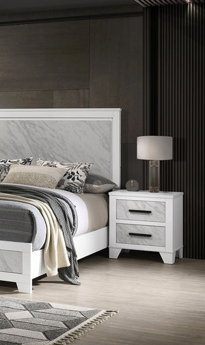 English Elm White Contemporary Nightstand with Faux Marble Inset, Black Bar Pulls, Metal Glide, 23"W x15"D x24"H B2741P406264