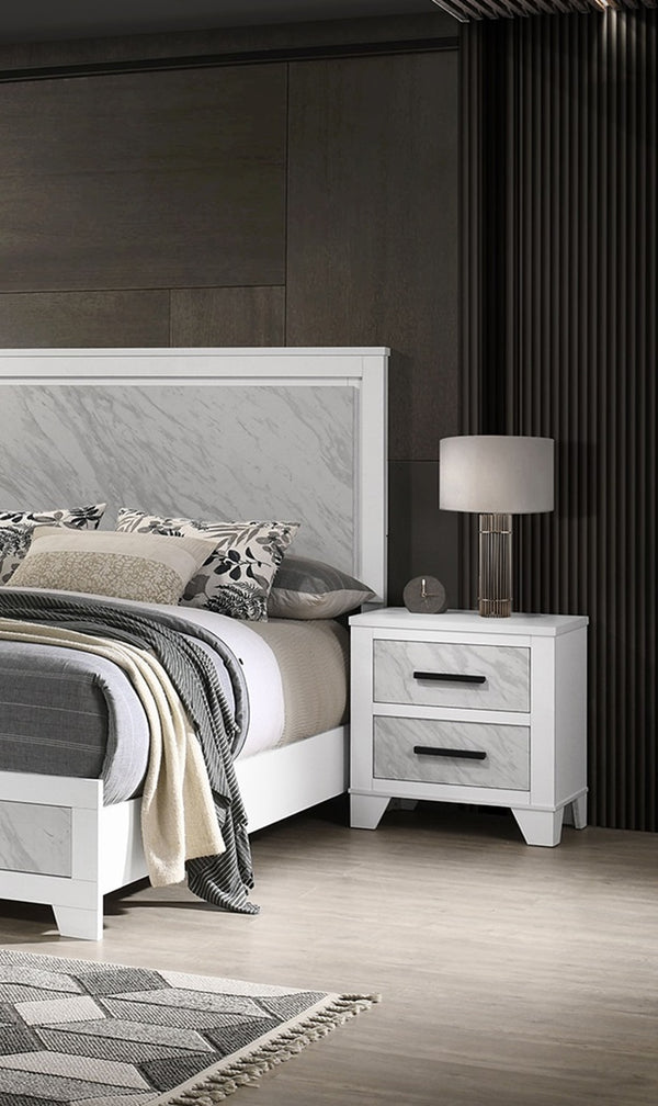 English Elm White Contemporary Nightstand with Faux Marble Inset, Black Bar Pulls, Metal Glide, 23"W x15"D x24"H B2741P406264