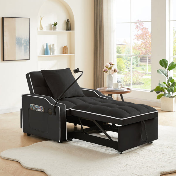 English Elm Sleeper Sofa Chair Velvet Convertible Armchair with Usb Charging for Small Spaces Black W1359P458672