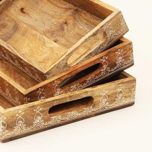 English Elm 3 Piece Solid Mango Wood Nesting Serving Trays with Floral Carved Natural Grain Finish B346P327299