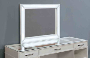 English Elm Contemporary Glam Vanity with Rhinestone Trim and Tempered Glass Top, High Gloss Finish, Illuminated Appeal White 65 L x 25 W x 11 H B2741S00676